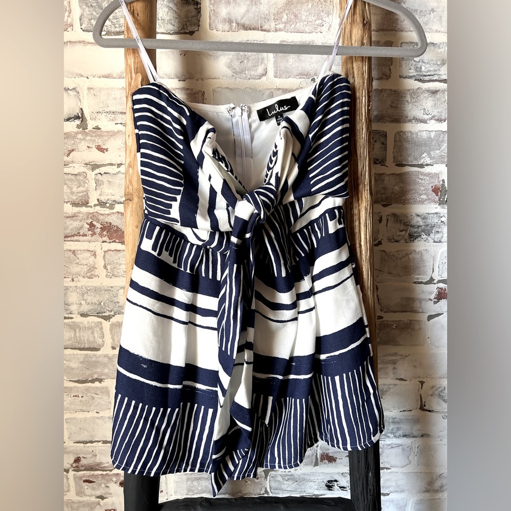 Lulus Delphi Blue and White Tie-Front Strapless Romper